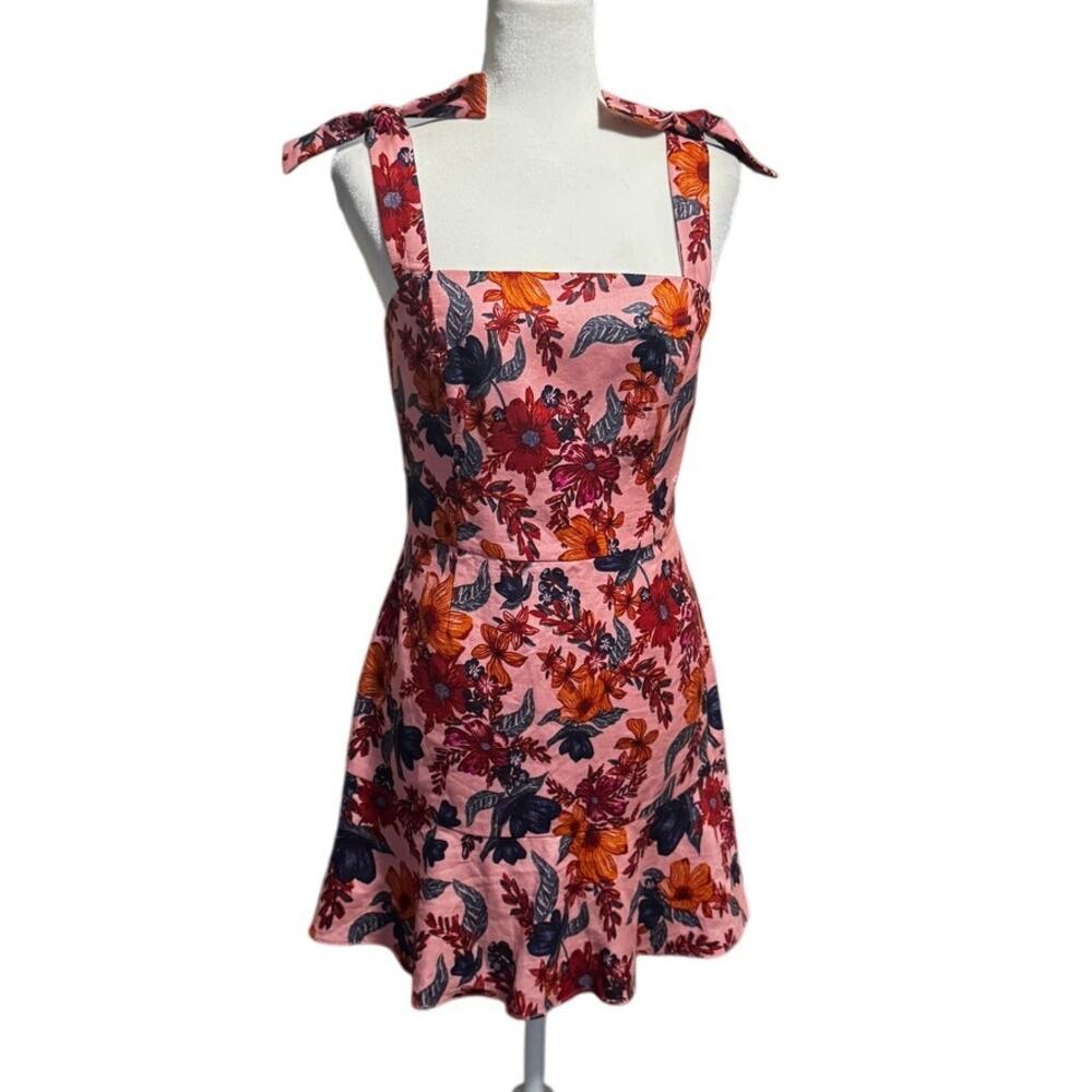 Finders Keepers Floral Twee Mini Dress Pink Linen Blend Square Neck Size M